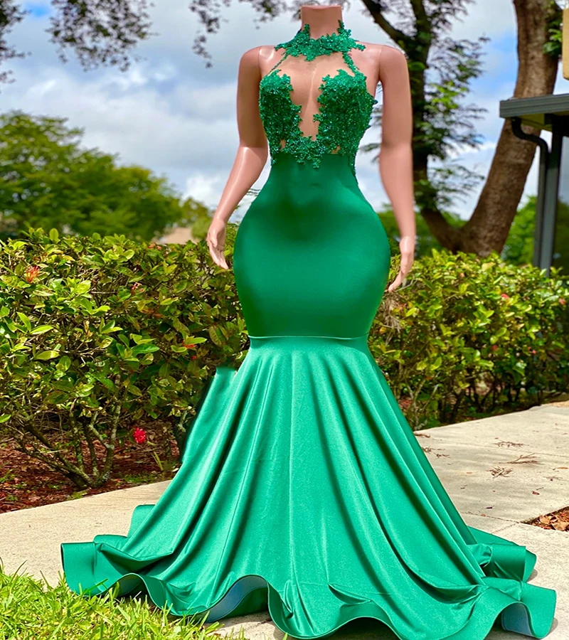 

Real Green Black Girls Prom Dress 2023 With Lace Eleagnt Mermaid Plus Size Evening Dress Backless Women Birthday Formal Party
