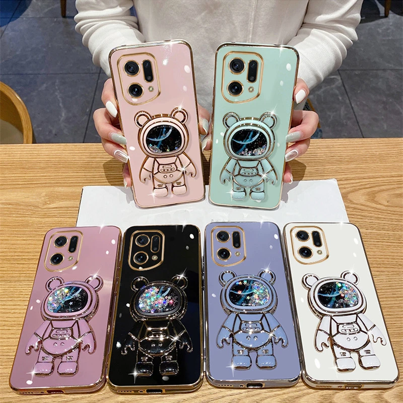 OPPO Phone Quicksand Space Bear Holder Plating Phone Case For OPPO Reno 