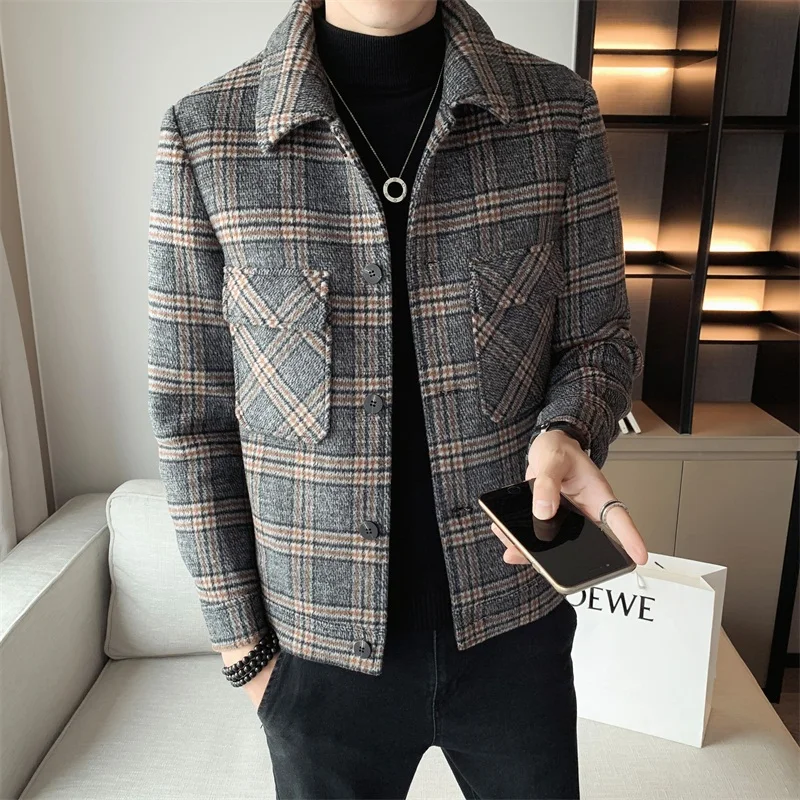 2022 Winter Mens Wool Trench Coat Jacket Short Slim Fit Casual Coats Korean Plaid Steetwear Windbreaker Turndown Collar Outwear