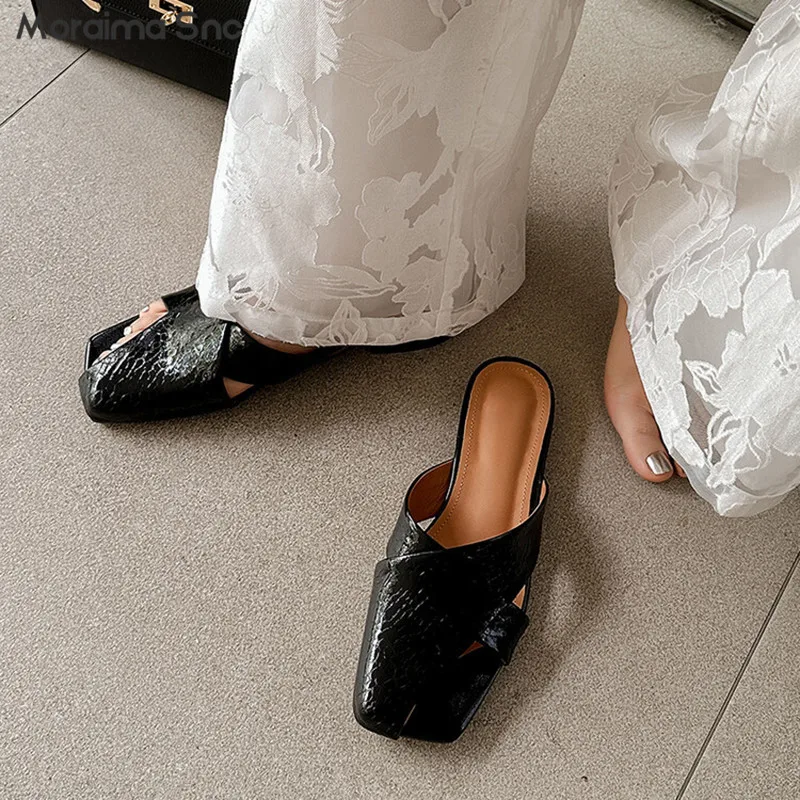 Full Leather Half-Open Toe Slippers Summer Square Head Low Heel Sandals Solid Color Hollow Fashion Women's Sandals