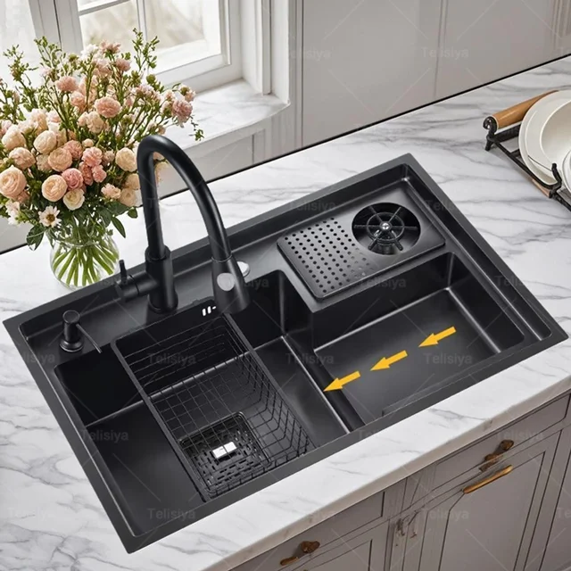 Lavello da cucina a gradini in acciaio inossidabile con rondella per tazze Lavabo multifunzionale grande a fessura singola Lavelli per lavastoviglie 1