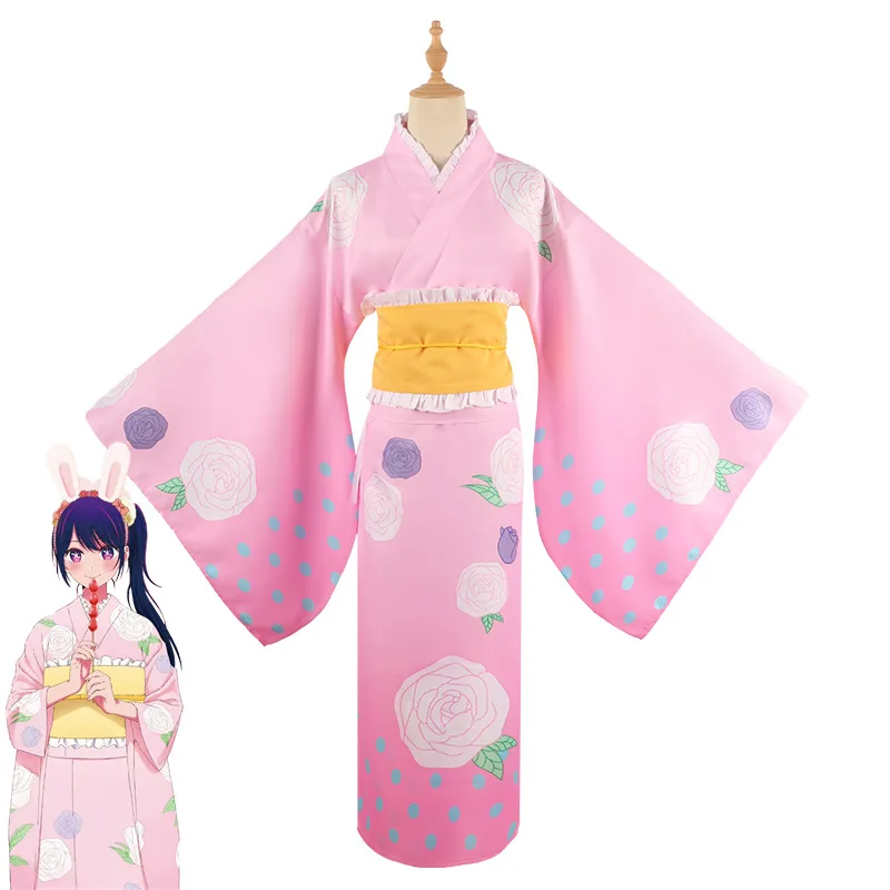 

Anime Oshi No Ko Hoshino Ai Cosplay Costume Kimono Set Pink Dress Outfit Halloween Women's Japanese Wafuku Wigs Women Girls