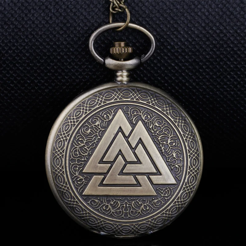 

Vintage Three Triangles Carved Quartz Pocket Watch Necklace Pendant Holloween Gifts For Women Or Man with Fob Chain