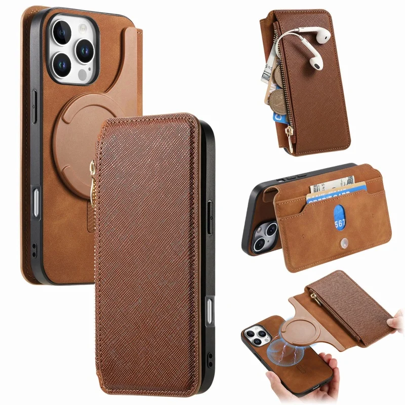 Magnetic Leather Wallet Phone Case with Zipper Card Holder