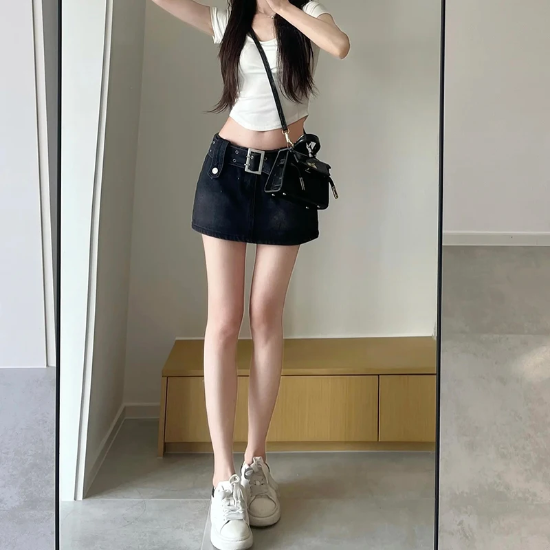 블랙 데님 미니 드레스 하이 웨이스트 매력적인 바지 스커트 여성 여름 2024 새로운 스타일 몸집이 작은 매운 소녀 a 라인 스커트