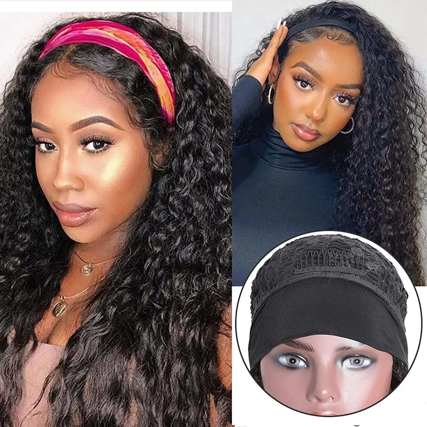 

Kinky Curly Wig 10-26 Inch Human Hair Headband Wig for Black Woman Cheap Curly Full Machine Made Remy Human Hair Wig