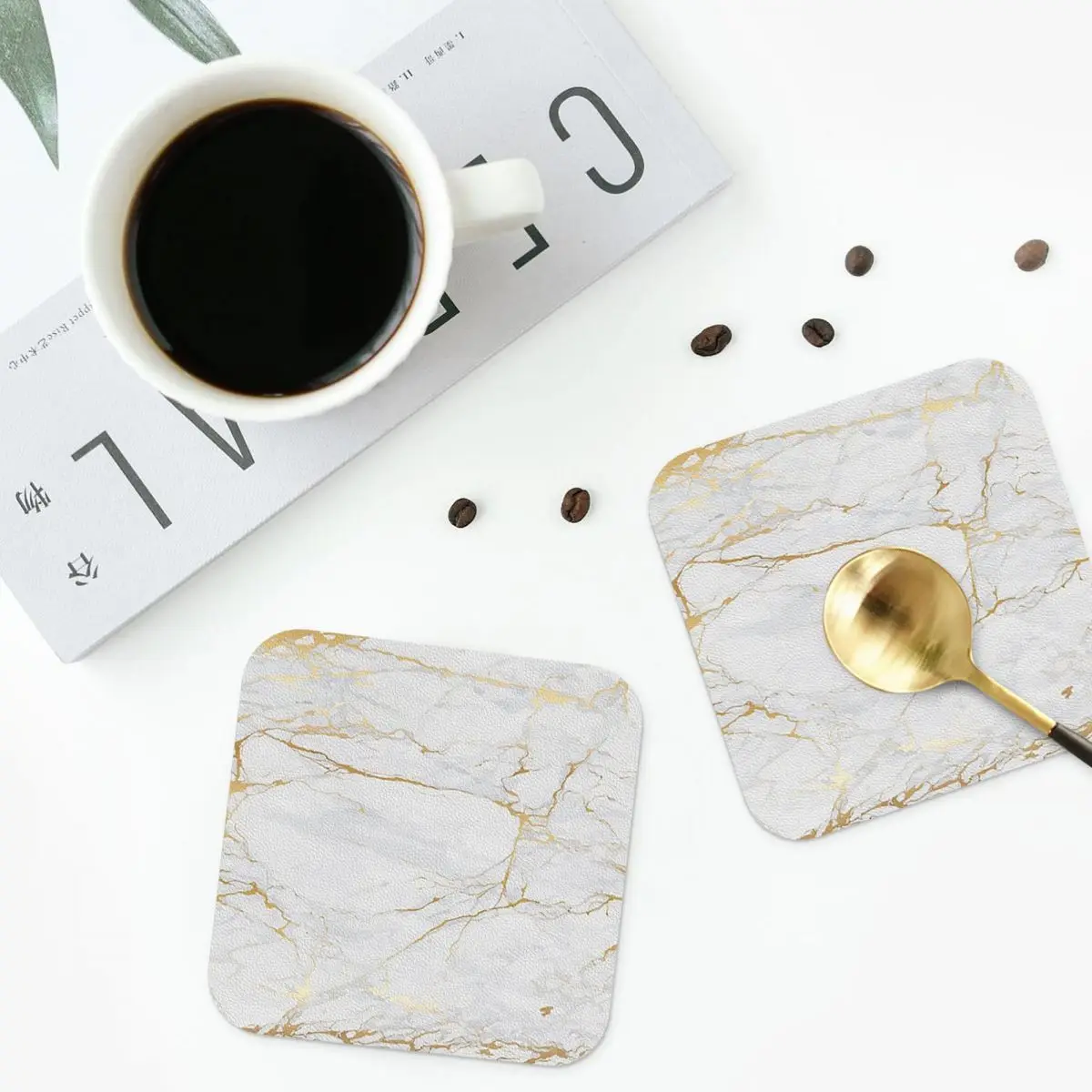White And Gold Marble Coasters Kitchen Placemats Waterproof Insulation