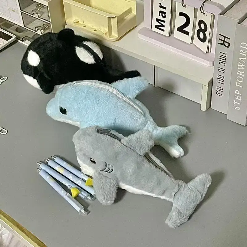 새로운 1개입 학생용 문구 귀여운 봉제 돌고래 상어 필통 학용품 카와이 인형 신학기 수납 가방 펜 가방