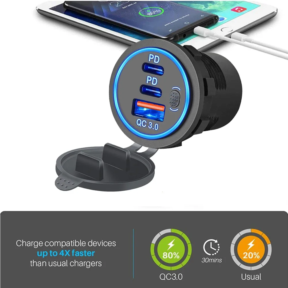 QC3.0 + PD 차량용 충전기 소켓, 이중 USB 포트, C타입, 3 포트 전원 어댑터, 스위치, 범용 방수, 78W