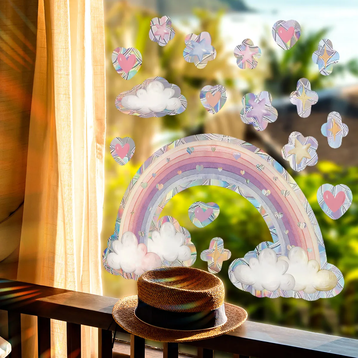 Pink Rainbow Cloud & Heart Window Cling - Sun-Activated Iridescent Static Decal with Stars, Double-Sided View Glass Films