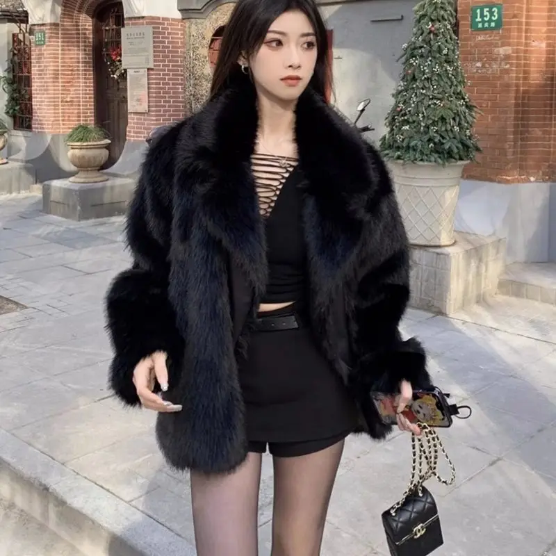 

Faux Fur Women Winter Lapel Loose Coat Warm Fashion New Korean Solid Luxury Jacket All-match Thicken Outerwear Snow Wear Q65