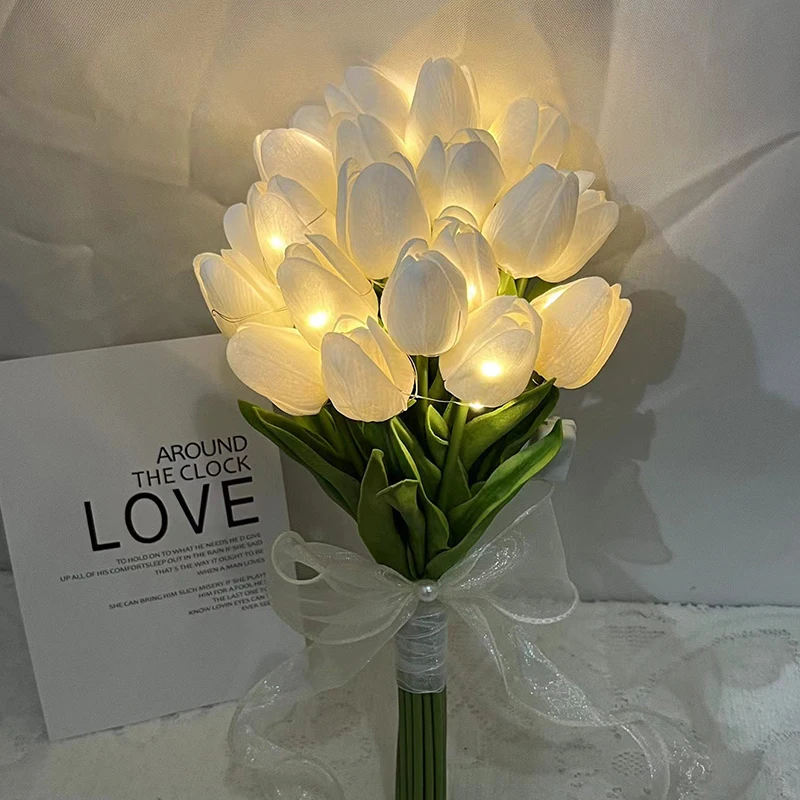 10/15pcs LED Tulips Artificial Flowers Real Touch PU Tulip Fake Flower Bouquet Lamp For Wedding Party Decor Home Garden Ornament