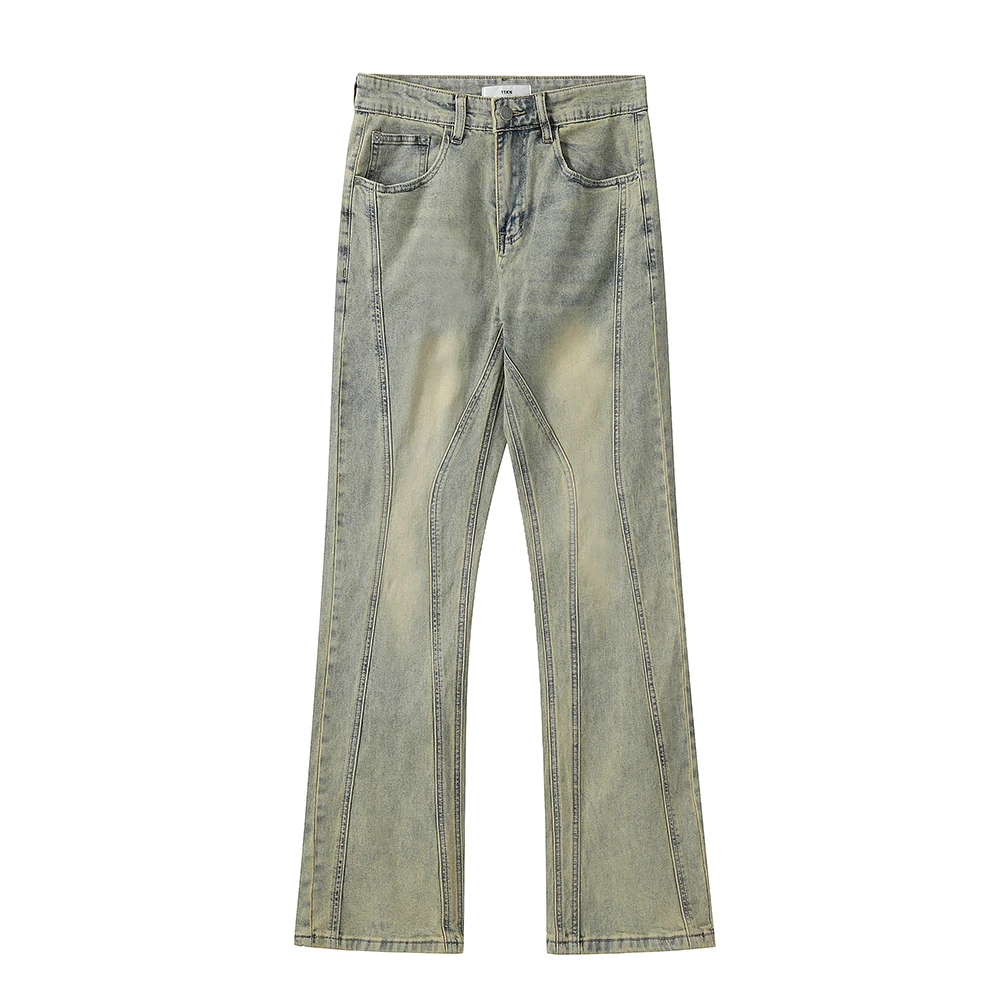 

Yellow Washed Striped Spliced Jeans Flare Pants Male and Female Straight Loose Casual Cargos Y2K Hip Hop Baggy Denim Trousers