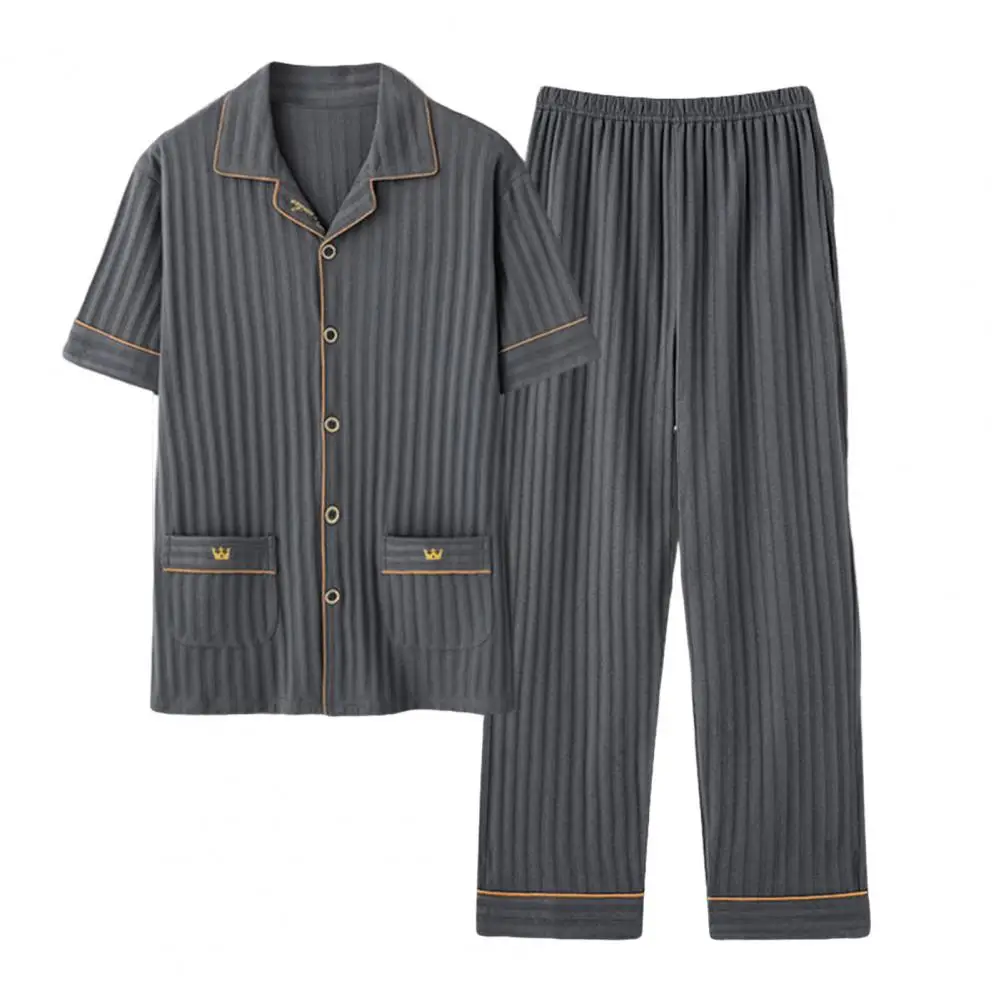 

2Pcs/Set Popular Pajama Set Elastic Waistband Ankle Length Top Pants Set Vertical Striped Texture Casual Top Trousers Homewear