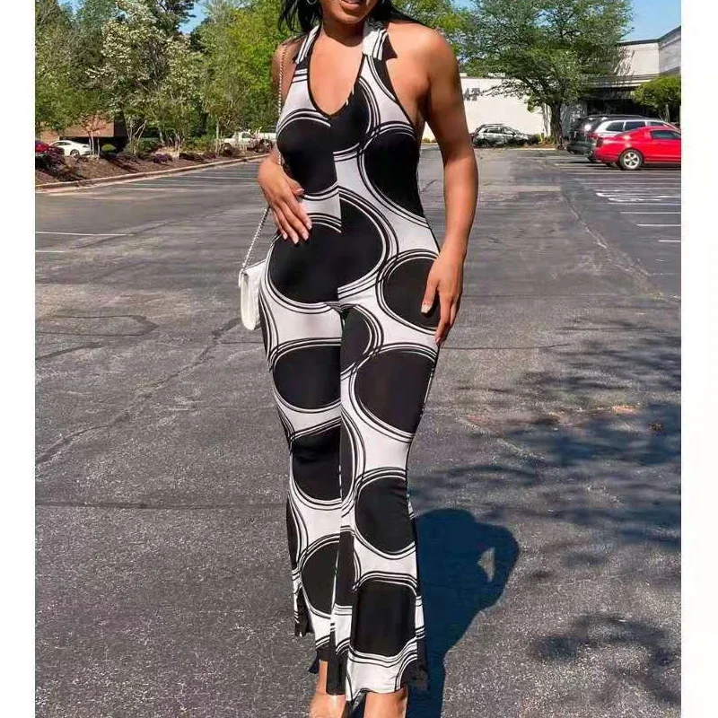 Print Club Outfits for Women Clubwear 2023 Sexy V-neck Halter Strap Sleeveless Slim Print Black Slim Temperament Casual Jumpsuit