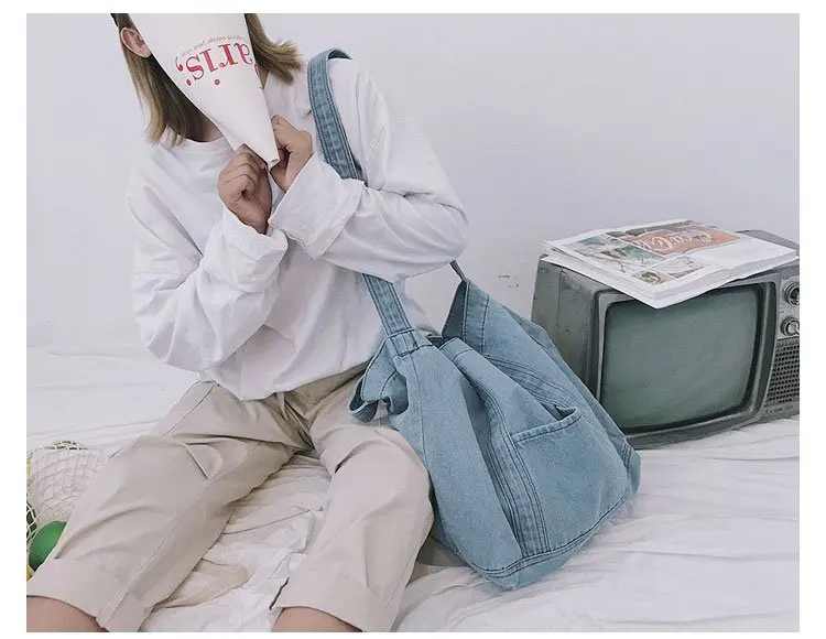 Big Soft Denim Slouch Shopping Bag Jean Fabric Female Handbag Leisure Korean Fashion Woman Shoulder Messenger Top-handle Bag New