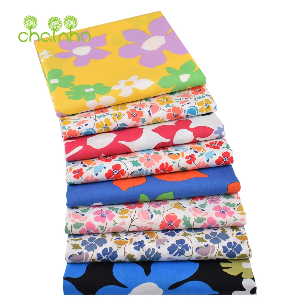 Chainho,Printed Plain Weave Poplin Cotton Fabric,DIY Sewing Quilting Material,Patchwork Cloth,Floral Series,3 Sizes,15PC108