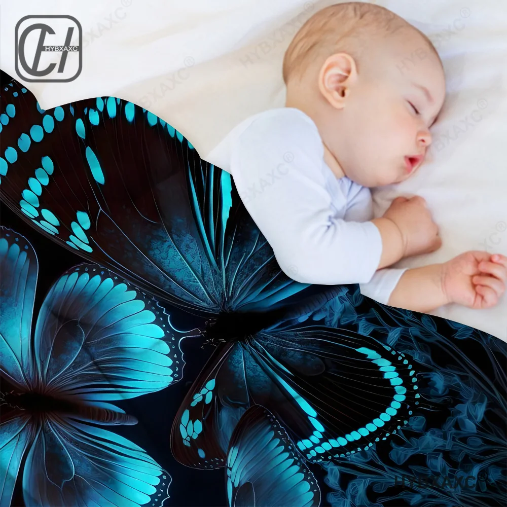 Glowing Glitter Blue Butterflies Blanket Butterfly Printed Warm Cozy Soft Throw Blanket for All Season for Couch Sofa Bed 3