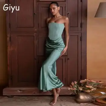 Giyu Sexy Satin Evening Club Party Dresses Women 2025 Summer Strapless Off Shoulder Fishbone Ruched Maxi Long Dress Elegant Robe 1