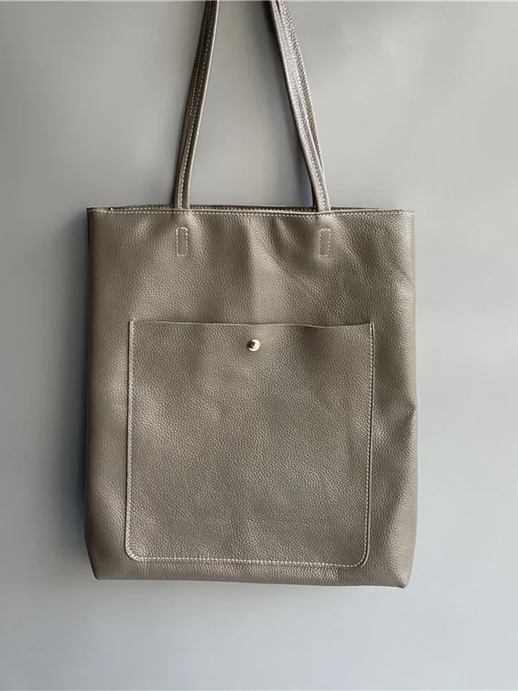 Cowhide Genuine Leather Casual Totes Women Large Capacity Shopping Bag Soft Solid Color Fashion Haruku Single Shoulder_voghion.com