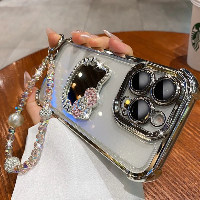 Kitty Mirror Electroplate Shockproof Phone Case with Bracelet