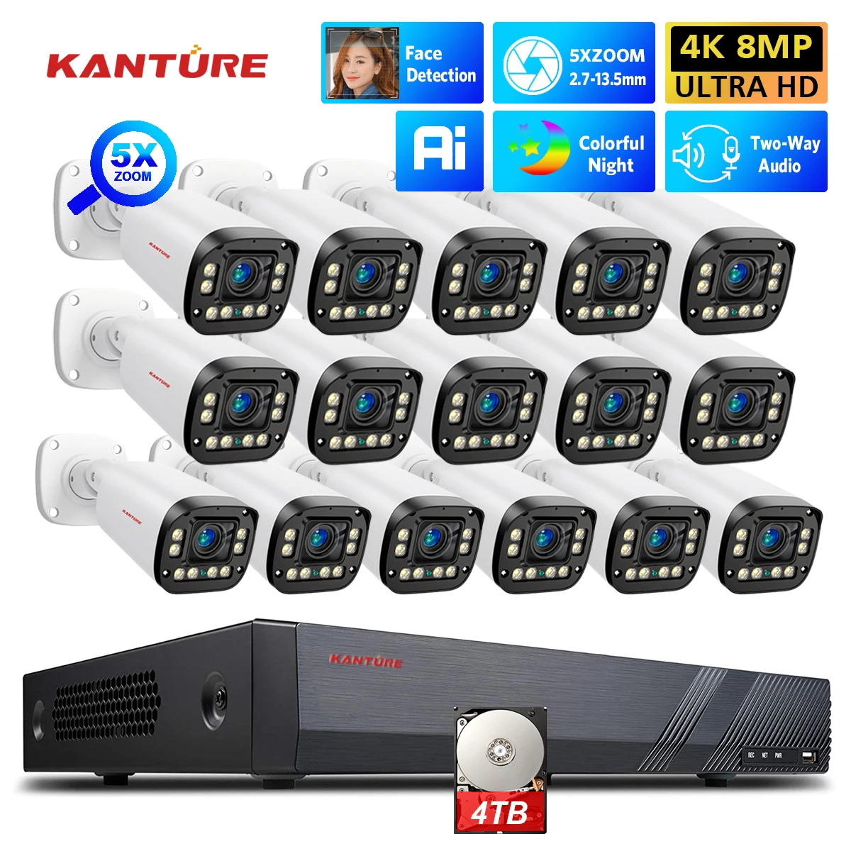 XMEYE 16CH 4K 보안 카메라 5XZOOM 자동 초점 8MP Ai 얼굴 감지 양방향 오디오 방수 비디오 감시 시스템 50m 야간