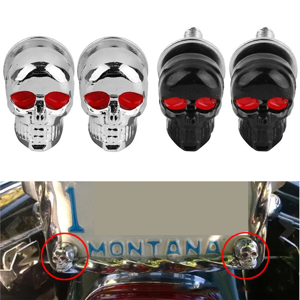2Pcs Skull License Plate Frame Bolts Screws Fastener Cap Bolts Auto License Plate Screws For Motorcycle