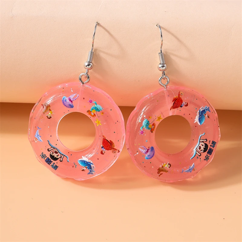Women Girls Drop Earrings Fashion Candy Color Resin Swim Ring Party Festival Jewelry Gifts