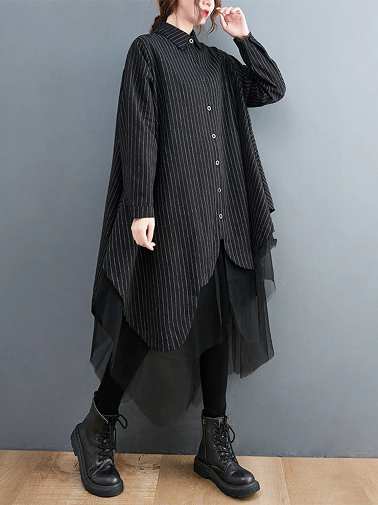 Cotton Striped Mesh Spliced Shirt Dresses For Women Long Sleeve Loose Casual Vintage Dress Fashion Clothes Spring Autumn 2025
