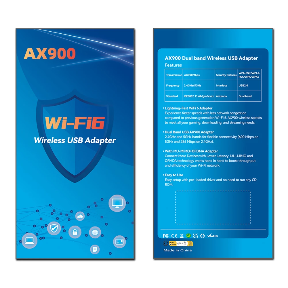 PC 노트북 태블릿용 네트워크 카드, 900Mbps USB 와이파이 6 어댑터, 듀얼 밴드 2.4/5Ghz