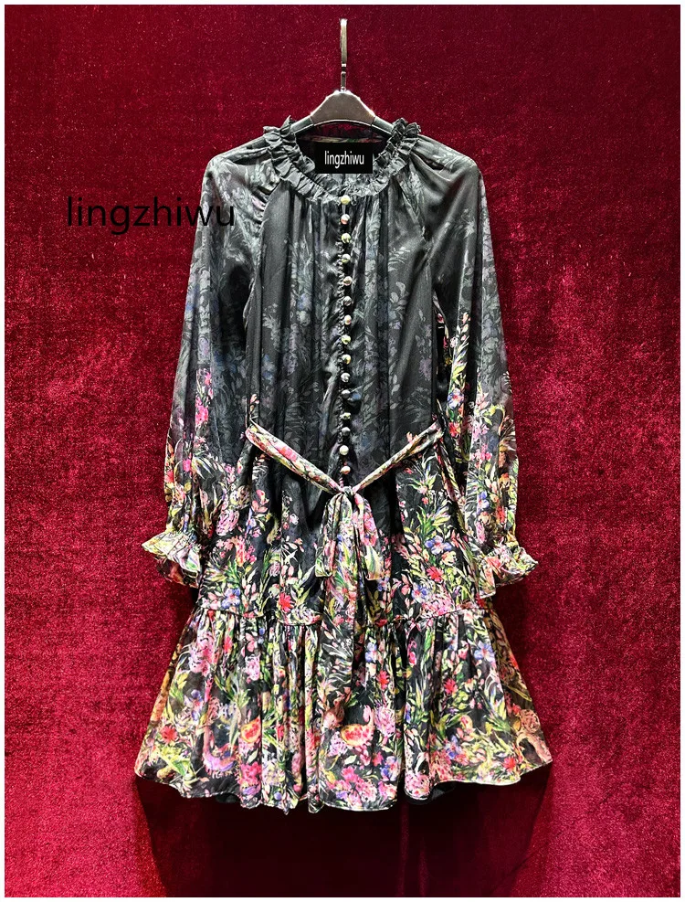 

lingzhiwu Chiffon Dress French Vintage Floral Dresses Top Quality Long Sleeve Designer 2024 Spring New Arrive