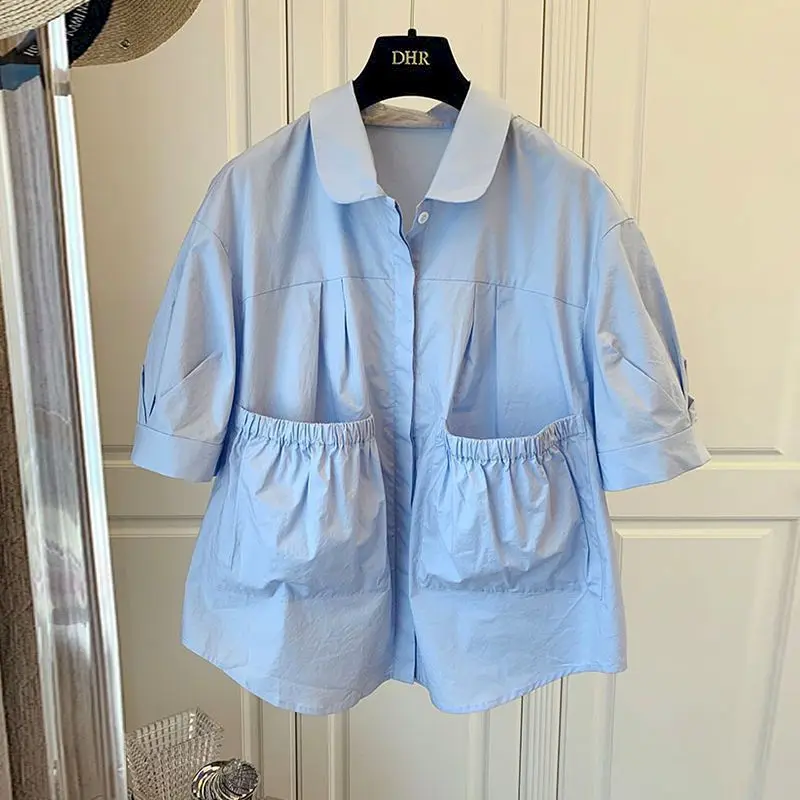 

French Vintage Shirts Women Niche Design Loose Casual Doll Collar Shirt Pleated Double Pocket Patchwork Short Sleeve Blouse Thin