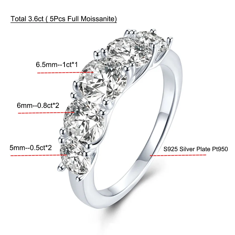 3.6ct 5 Stones D Color VVS1 Moissanite Diamond Rings Women Anniversary Gift S925 Sterling Silver Row Ring Wedding Bridal Jewelry 5