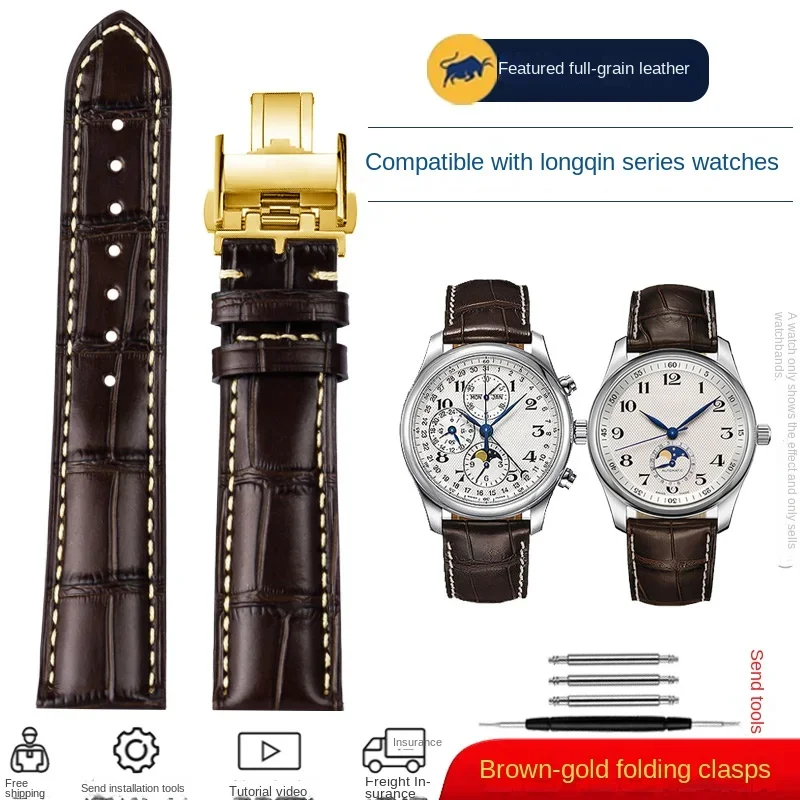 Premium Cowhide Leather Watch Strap with Butterfly Buckle - Available in 19mm, 20mm, and 21mm Sizes