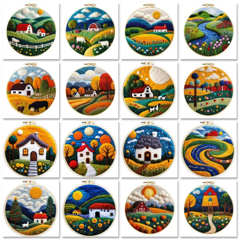 Wool Felting Painting Colorful House Scenery Starter Kit Needle Felting Picture Wool Painting Tool Kit Gift GATYZTORY