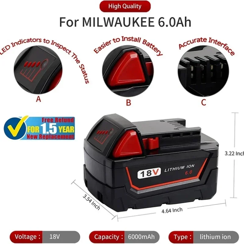 

18v 6.0Ah Lithium Ion Batteries for Milwaukee Battery 48-11-1850 48-11-1862 48-11-1840 48-11-1828 48-11-1815 Power Tools
