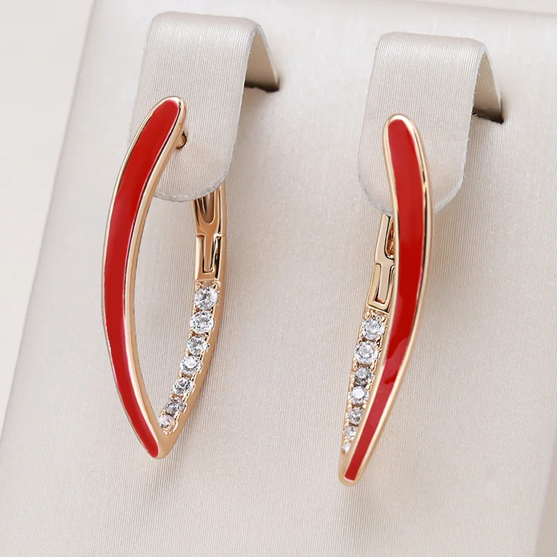 Kinel New Fashion 585 Rose Gold Color Red Enamel Drop Earrings For Women Girl Wedding Party Natural Zircon Eardrop Jewelry