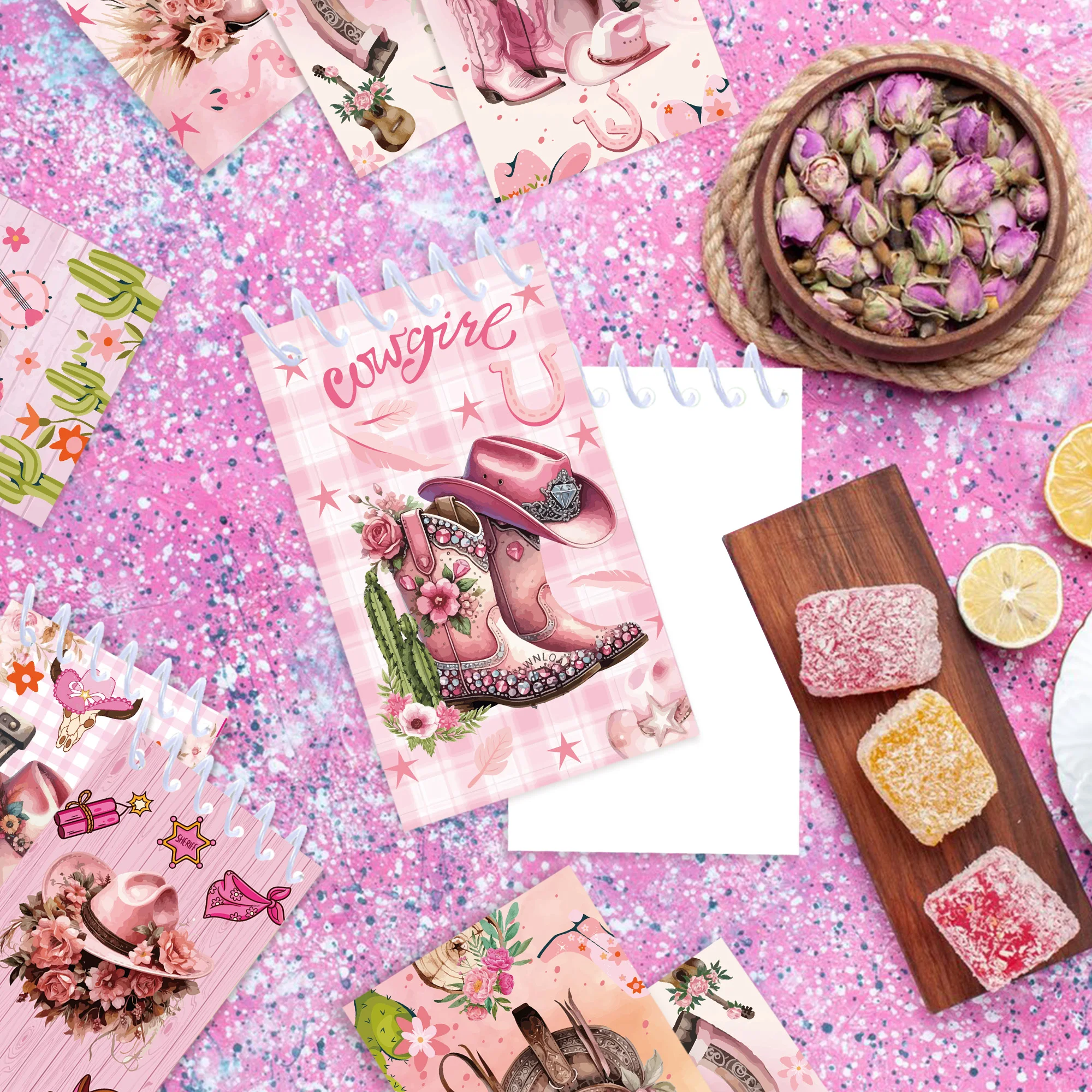 8/16/24pcs 카우걸 부츠 미니 나선형 포켓 노트 메모 패드 코일 소책자 메모장 사무용품 어린이 선물