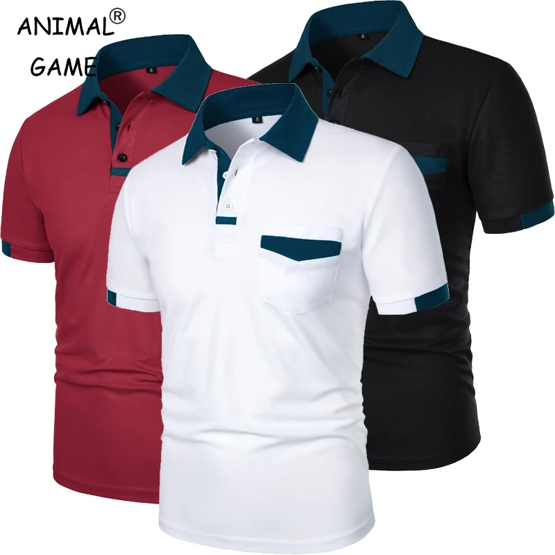 Sommer Herren Kurzarm Farbblock Poloshirt mit Tasche Lässiges Sport-T-Shirt für den täglichen Gebrauch Outdoor Streetwear