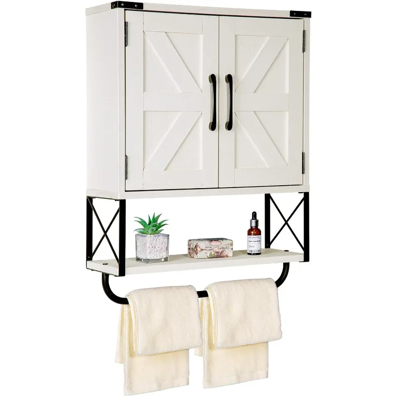 

Farmhouse Medicine Cabinet with 2 Barn Door, Wood Wall Mounted Storage Cabinet with Adjustable Shelf and Towel Bar,