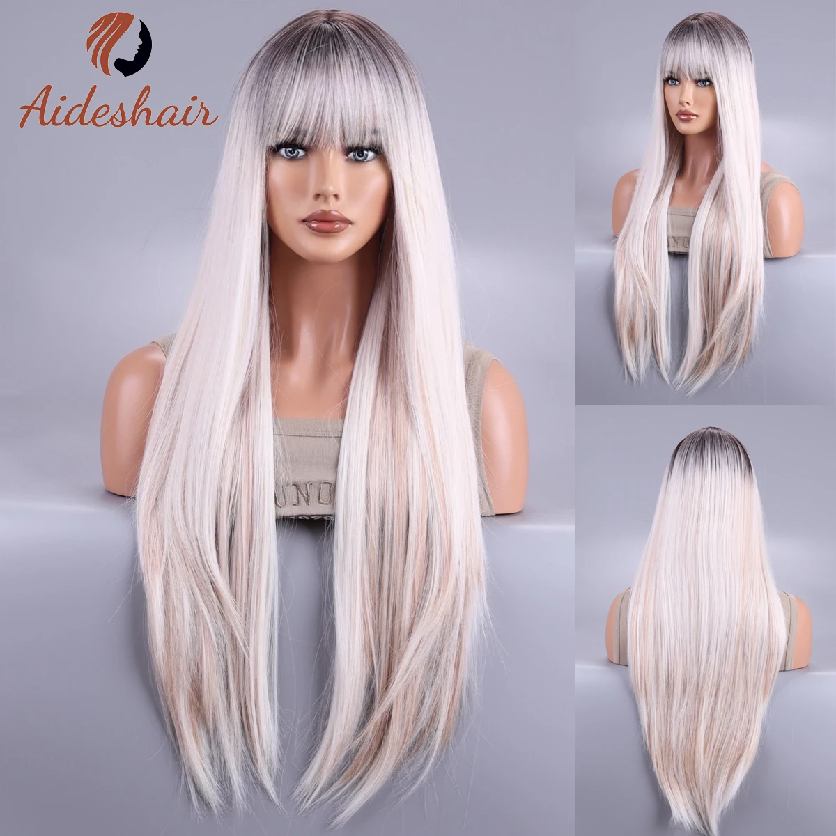 Long Straight Synthetic Wigs With Bang Light Platinum Blonde Natural Faker Hair For Women Daily Cosplay Heat Resistant