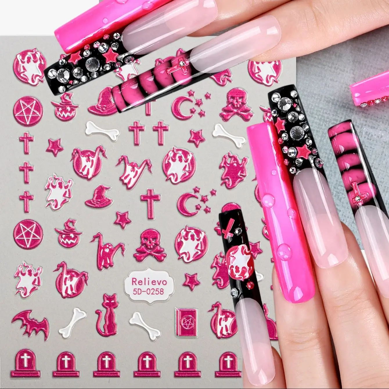 3pcs 5D Halloween Nail Art Stickers Y2K Pumpkin Skull Bone Ghost Cross Design Adhesive  Nail Decals for Manicure Decoration 4