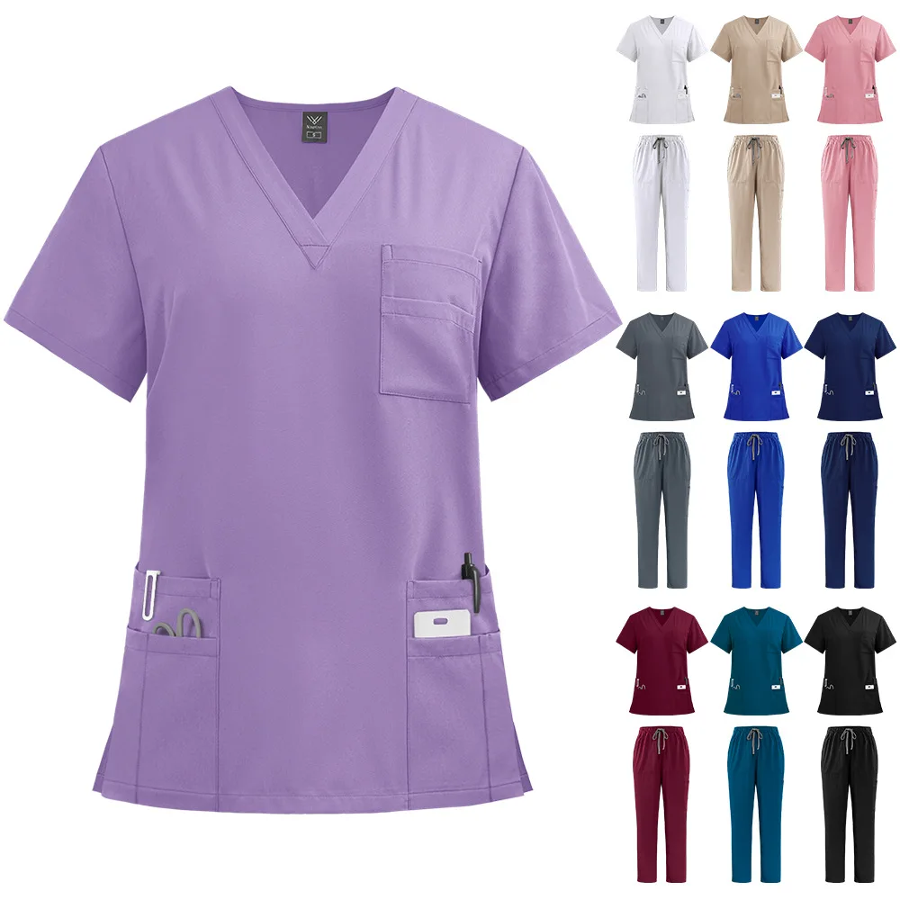 

Unisex V Neck Medical Scrubs Sets Hospital Doctors Work Suits Nurses Accessories Dental Clinic Beauty Salon Spa Workwear Clothes