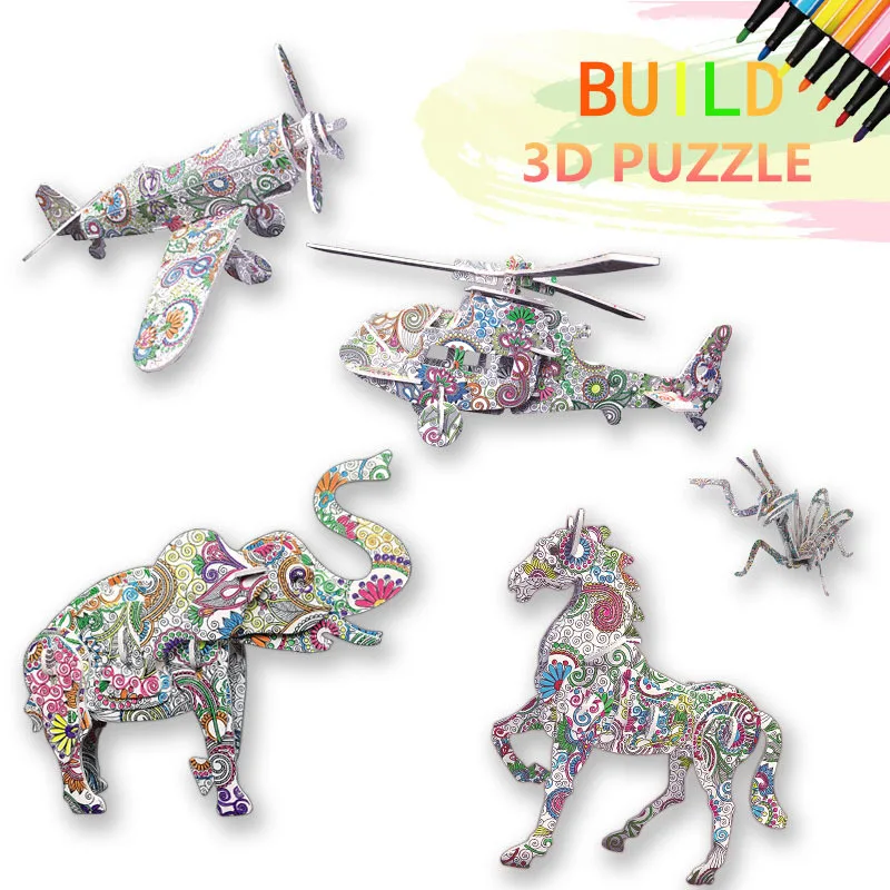 3d Coloring Puzzle Set, 4 Animals Painting Puzzles With 12 Pen