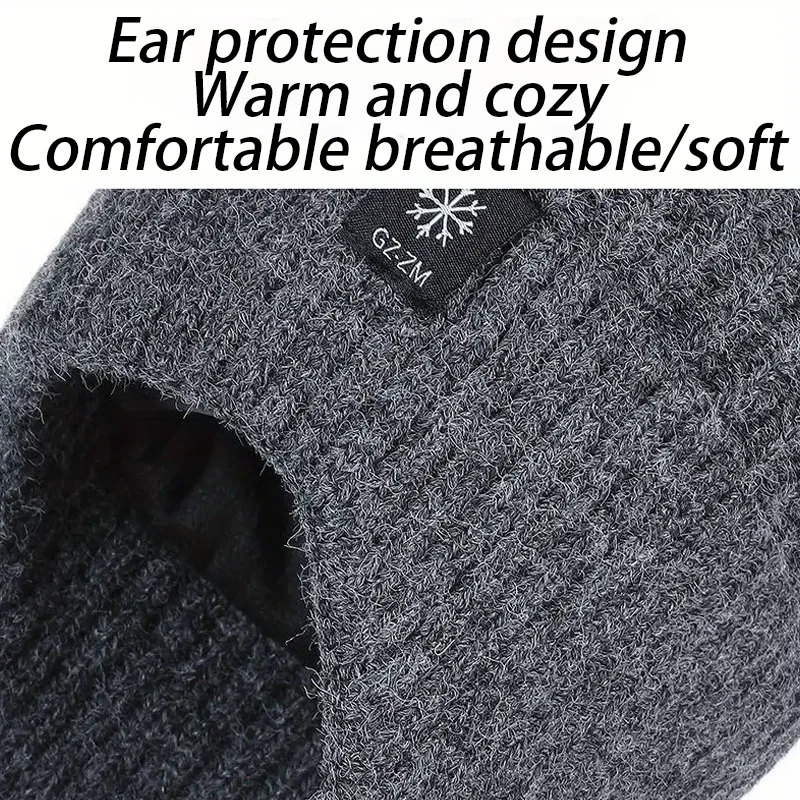 Men's Autumn/Winter Hat+Scarf Winter Warm Ear Protection Set Thick Knitted Wool Breathable Solid Color Hat