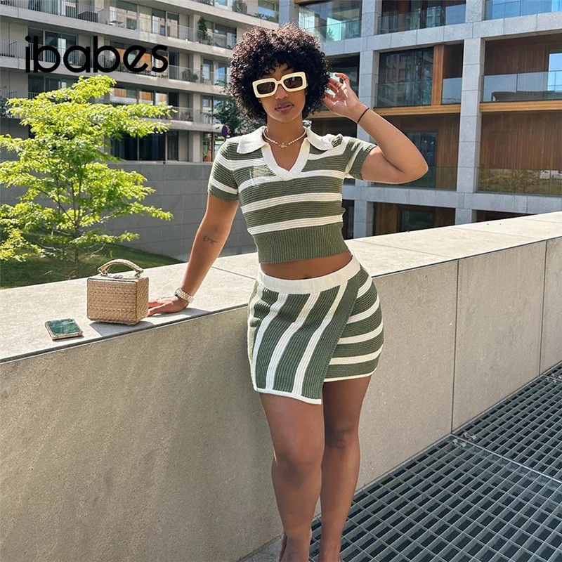 Striped Knitted Women 2 Piece Set Lapel Neck Crop Top Bodycon Mini Skirts Matching Sweater Set 2023 Summer High Street Tracksuit