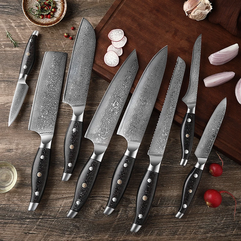 

TJ POP 8 Pcs Kitchen Knives Set 67 Layer Damascus Steel Micarta Handle Sharp Japanese VG10 Santoku Nakiri Boning Chef Knife Tool