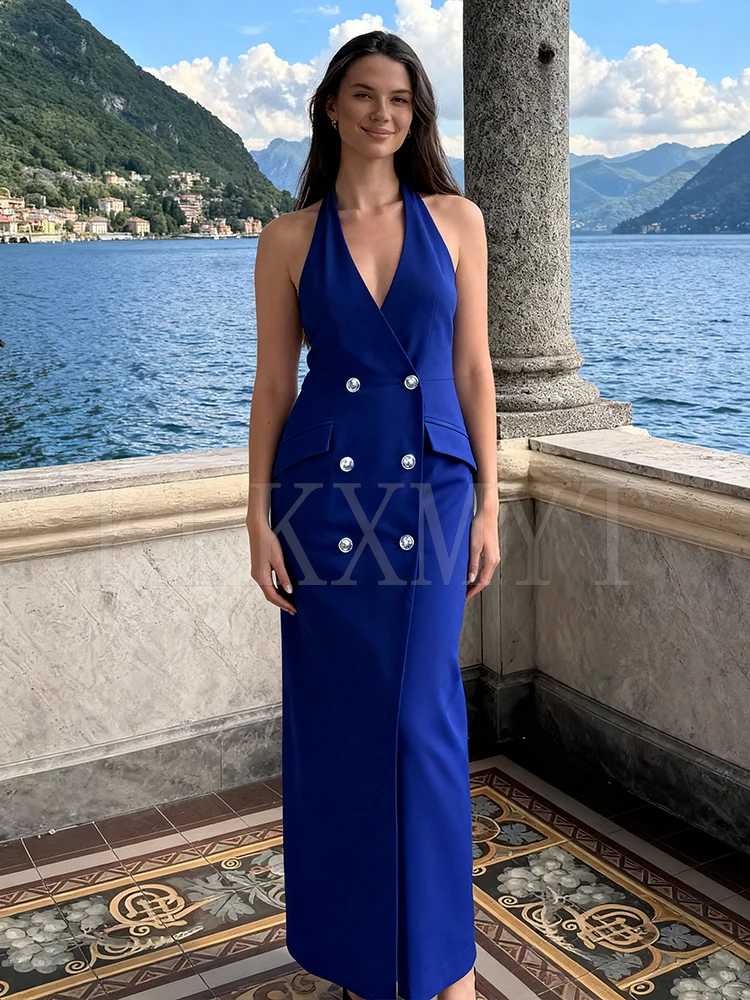 2025 New Women Sleeveless Dress Fashion Double-Breasted Long Dresses Halter Neck Slim Midi Women's Backless Dresses ﻿