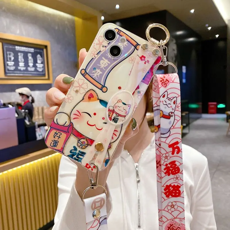 Rhinestone Powder Lucky Cat Wrist Belt Crossbody Case for iPhone 14 Plus 14 Pro 13 Promax 12 11 Xsmax Xr Xs Cute Girl Case