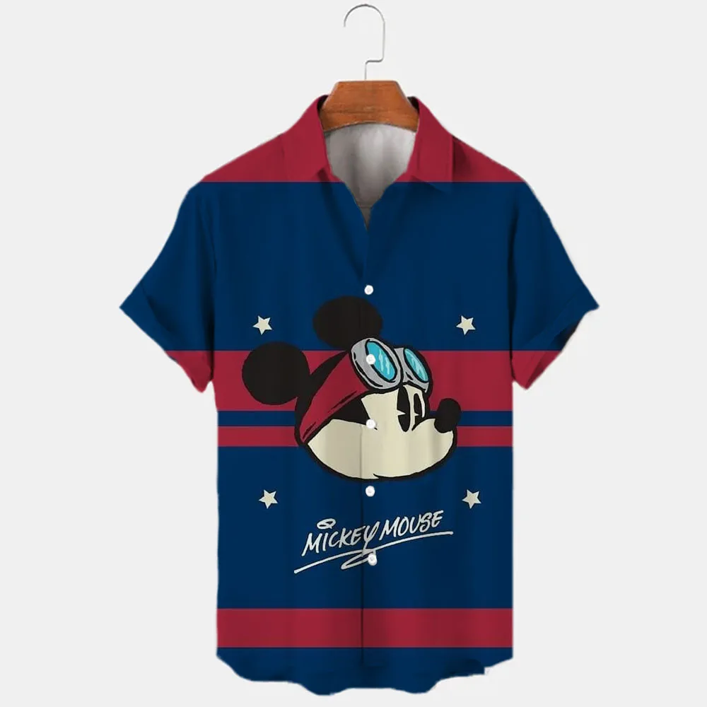 Novo verão 2022 disney pato donald e mickey marca dos desenhos animados casuais 3d impresso manga curta lapela camisa de ajuste fino masculino topo